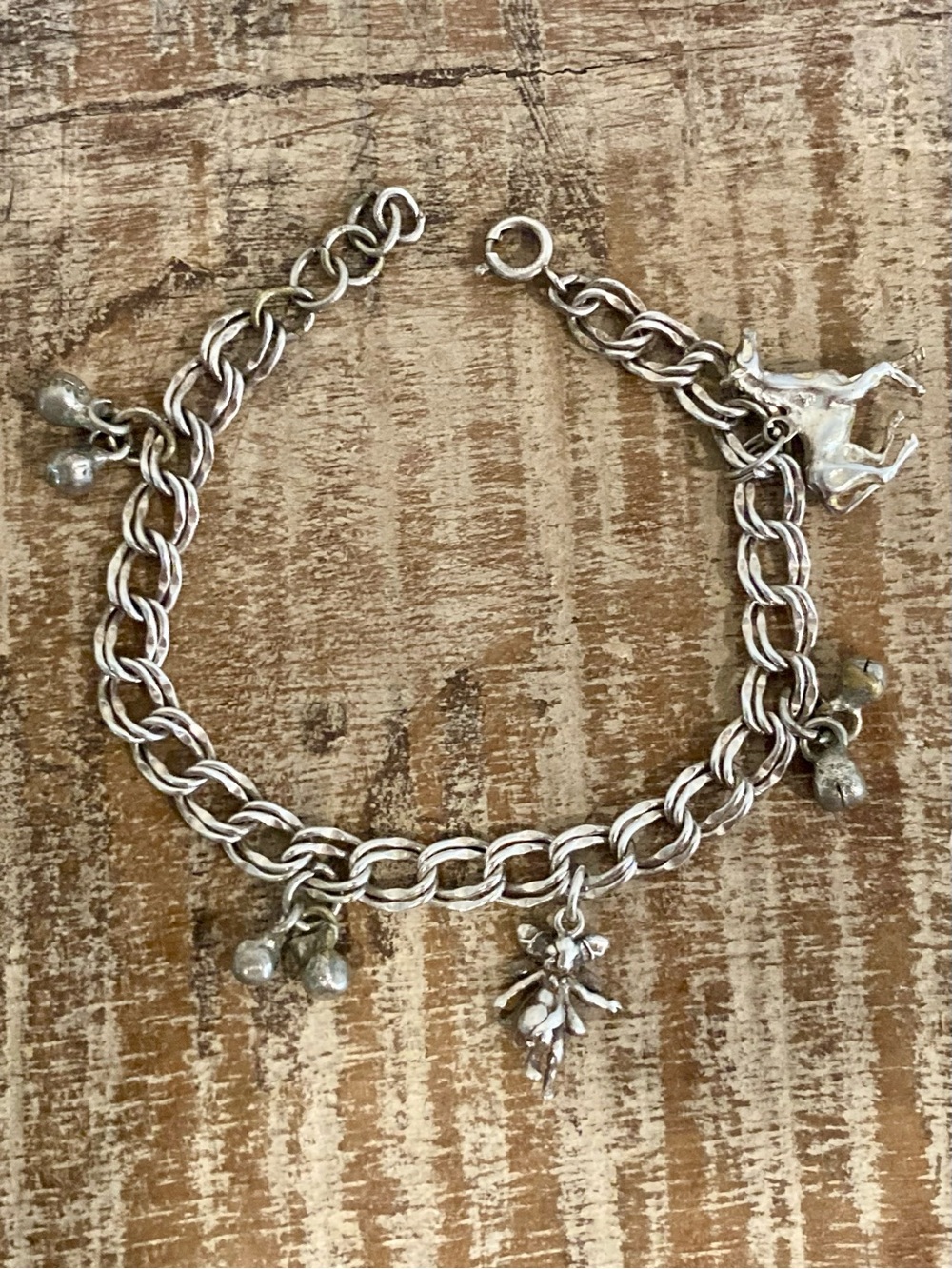 Silver Charm Bracelet with Bell, Fairy, Horse Charms 7” to 7.5” Long - Picture 2 of 16